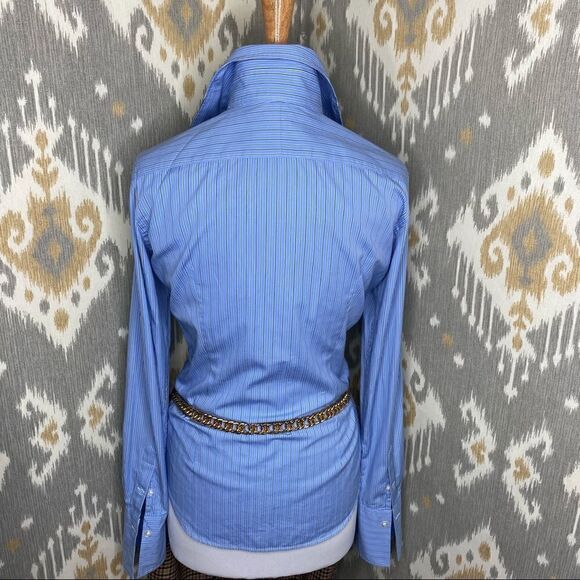 Ralph Lauren Triple Ruffle Blue Pin Stripe Cotton Stretch Jabot Blouse - Picture 6 of 16